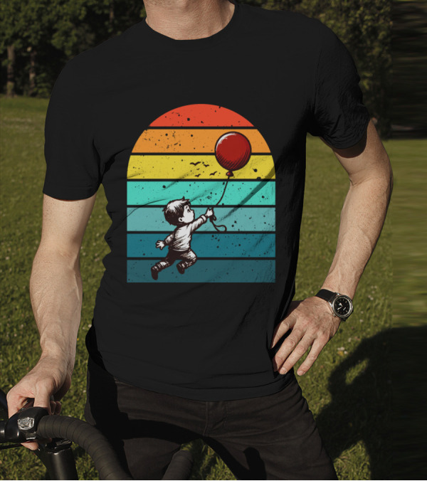 Boy Holding Red Balloon Retro Vintage Rainbow Stripes T-Shirt