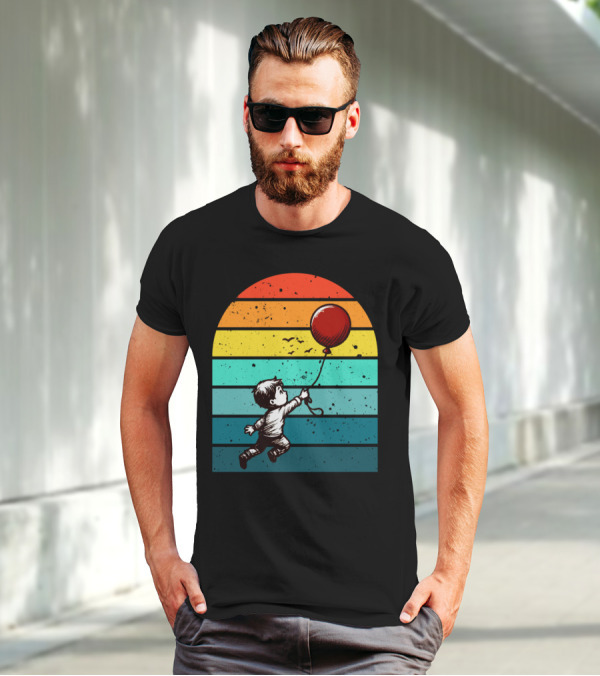 Boy Holding Red Balloon Retro Vintage Rainbow Stripes T-Shirt
