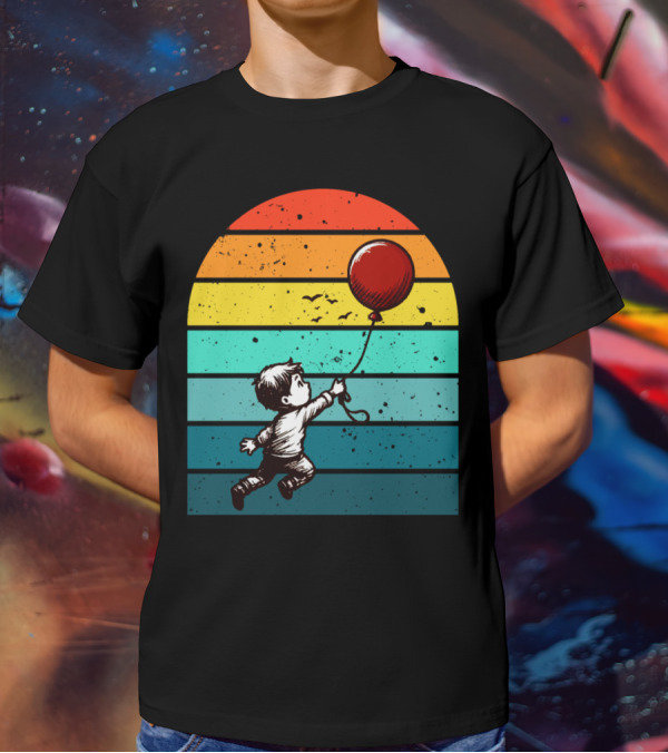 Boy Holding Red Balloon Retro Vintage Rainbow Stripes T-Shirt