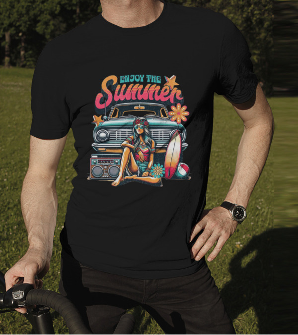 Enjoy The Summer Hippie Girl Surf Van Beach Vibes Vintage Boombox T-Shirt