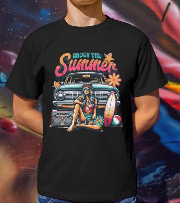 Enjoy The Summer Hippie Girl Surf Van Beach Vibes Vintage Boombox T-Shirt