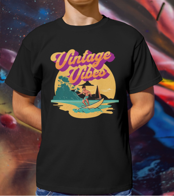 Vintage Vibes Retro Surfing Adventure Sunset Scene T-Shirt