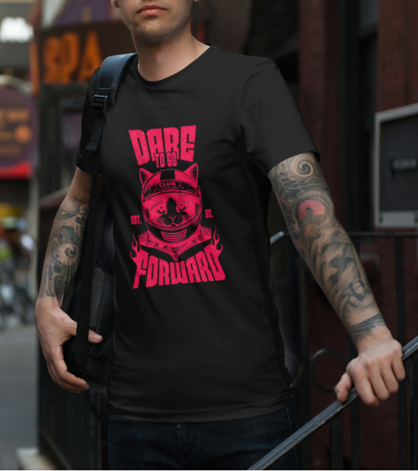Dare To Go Forward Cat Club Est. 95 Helmet Flames T-Shirt