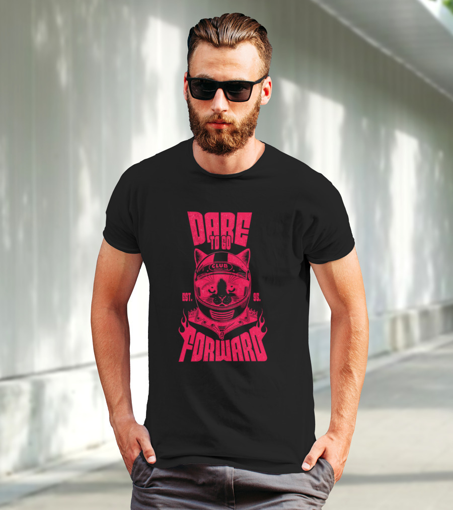 Dare To Go Forward Cat Club Est. 95 Helmet Flames T-Shirt