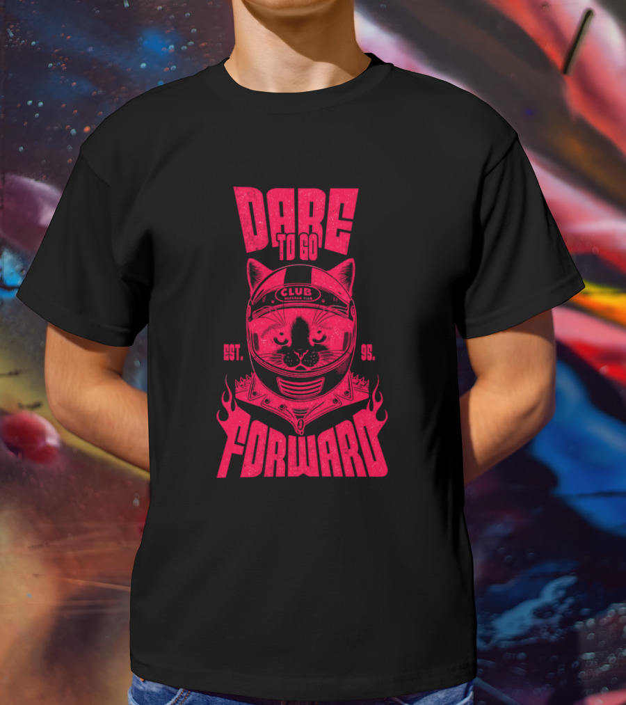 Dare To Go Forward Cat Club Est. 95 Helmet Flames T-Shirt