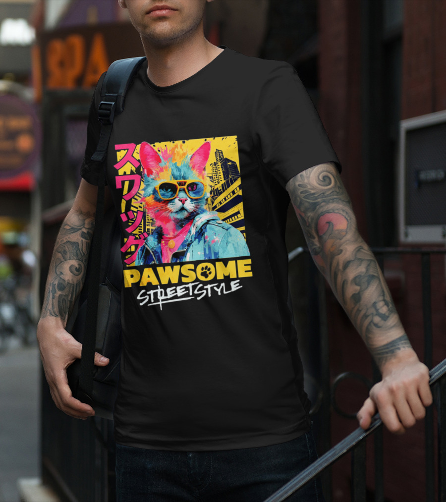 Pawsome Streetstyle Cat With Jacket And Sunglasses Urban Cityscape T-Shirt