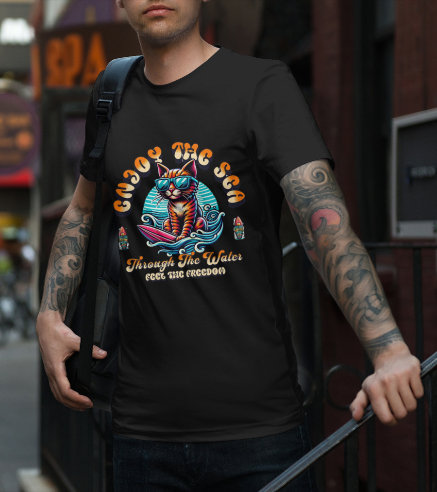 Enjoy The Sea Through The Water Feel The Freedom Retro Illustrative Surfing Cat T-Shirt