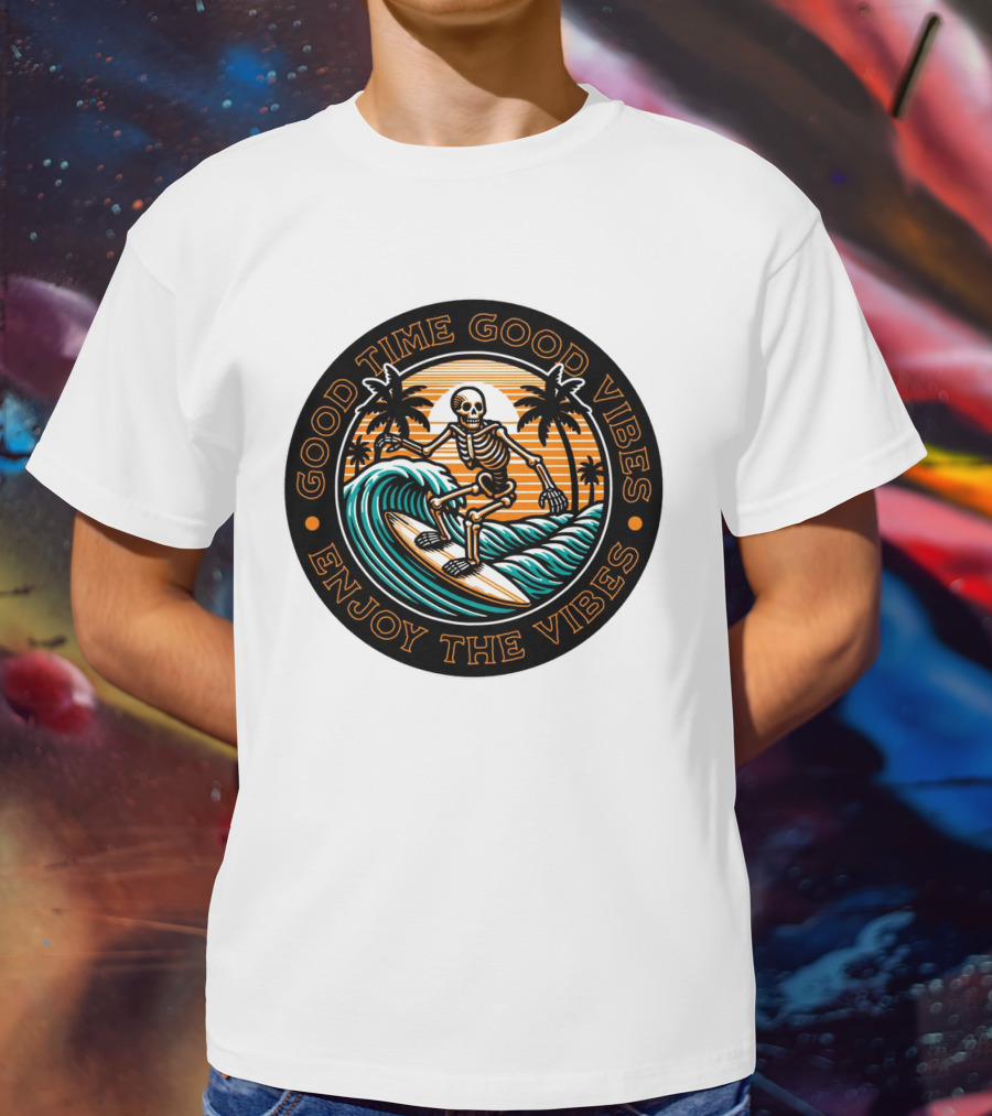 Good Time Good Vibes Enjoy The Vibes Surfer Skeleton Palm Trees Sunset Ocean Waves T-Shirt