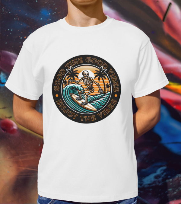 Good Time Good Vibes Enjoy The Vibes Surfer Skeleton Palm Trees Sunset Ocean Waves T-Shirt