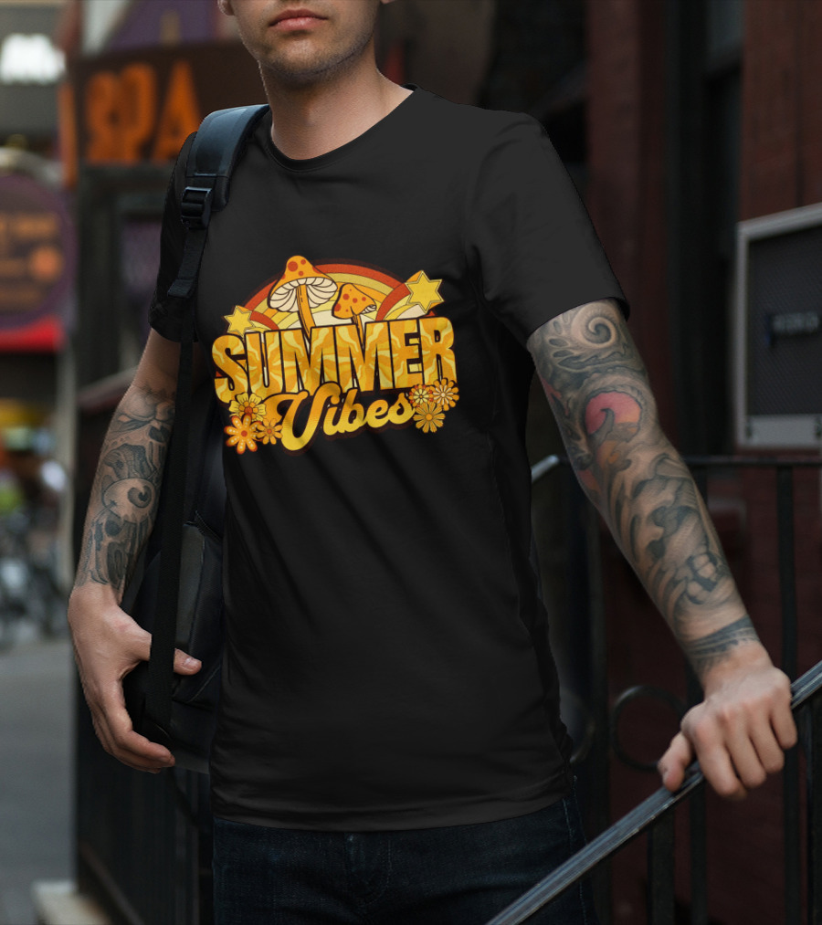 Summer Vibes Groovy Hippie Mushrooms And Flowers Retro Starburst T-Shirt