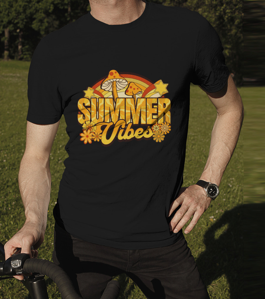 Summer Vibes Groovy Hippie Mushrooms And Flowers Retro Starburst T-Shirt