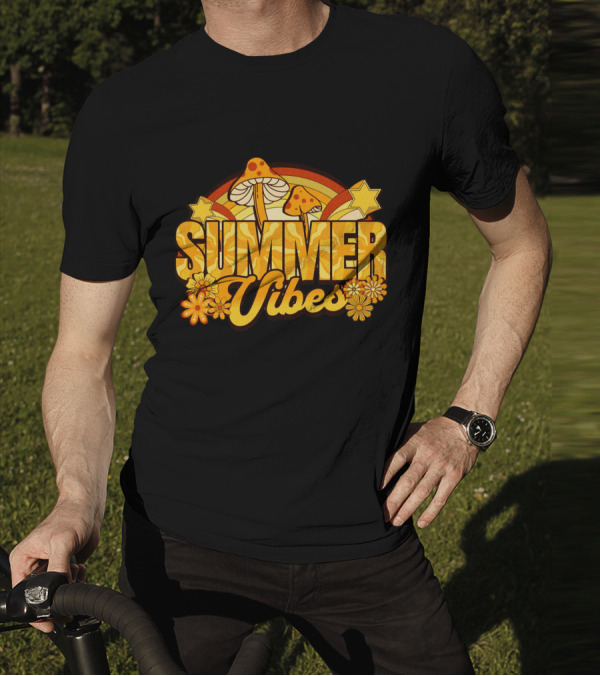 Summer Vibes Groovy Hippie Mushrooms And Flowers Retro Starburst T-Shirt