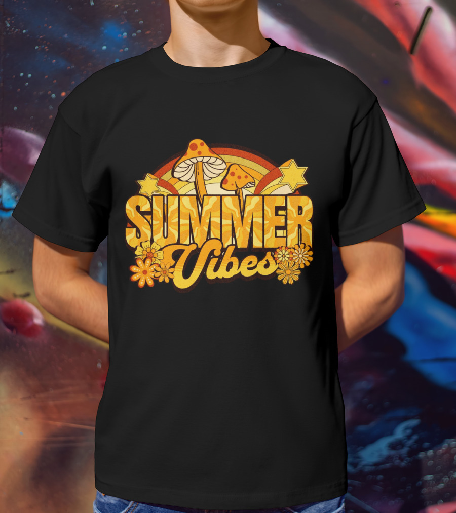 Summer Vibes Groovy Hippie Mushrooms And Flowers Retro Starburst T-Shirt