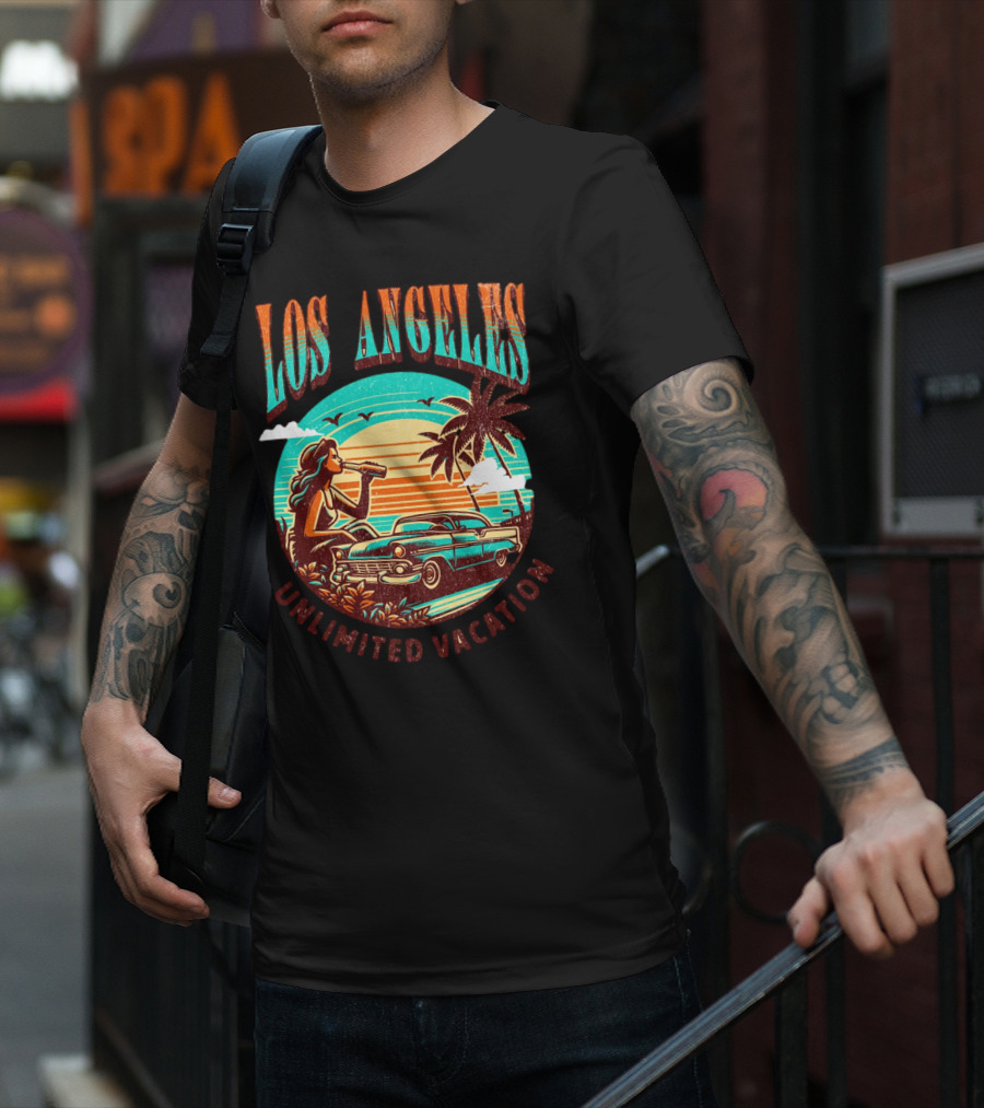 Los Angeles Unlimited Vacation Classic Car Palm Trees Sunset Vibes T-Shirt