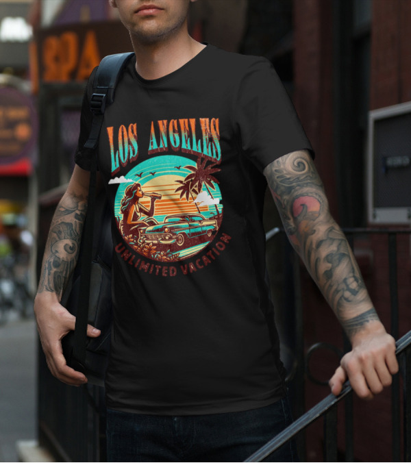 Los Angeles Unlimited Vacation Classic Car Palm Trees Sunset Vibes T-Shirt