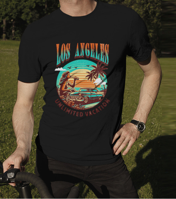 Los Angeles Unlimited Vacation Classic Car Palm Trees Sunset Vibes T-Shirt