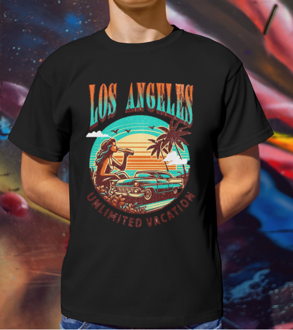 Los Angeles Unlimited Vacation Classic Car Palm Trees Sunset Vibes T-Shirt