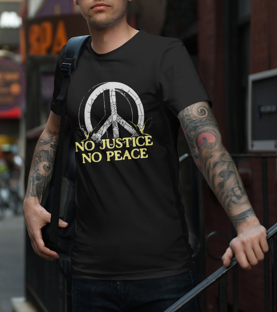 No Justice No Peace Broken Peace Symbol With Cranes T-Shirt