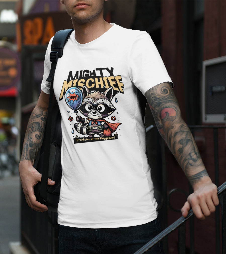 Mighty Mischief Raccoon With Boo Balloon Prankster Of The Playground T-Shirt