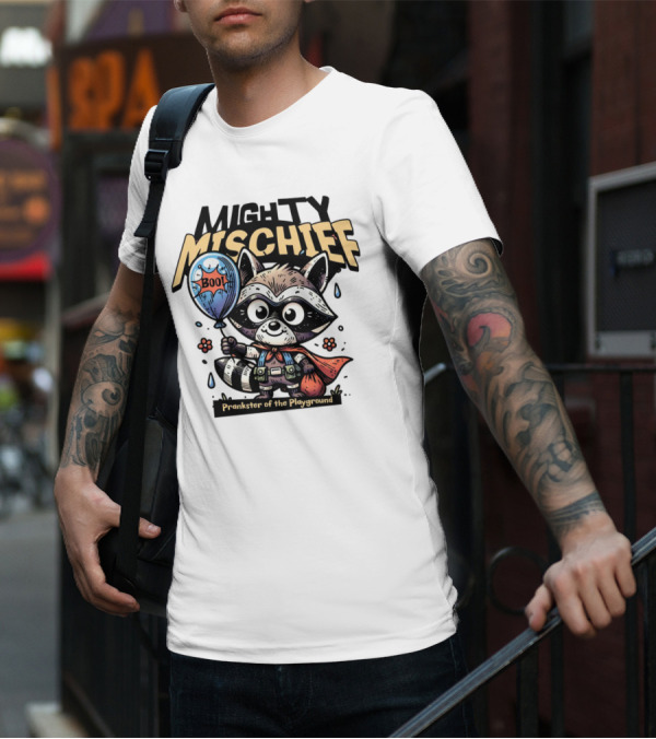 Mighty Mischief Raccoon With Boo Balloon Prankster Of The Playground T-Shirt
