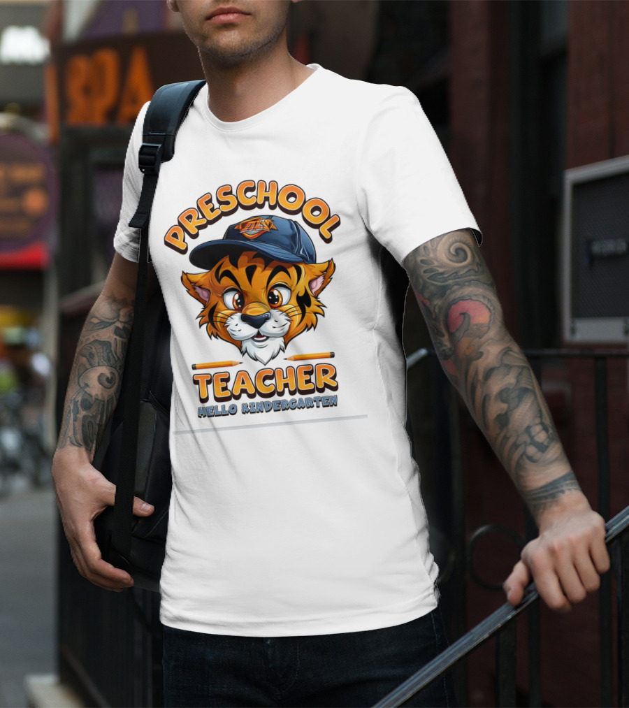 Preschool Teacher Tiger Mascot Hello Kindergarten Back To School T-Shirt