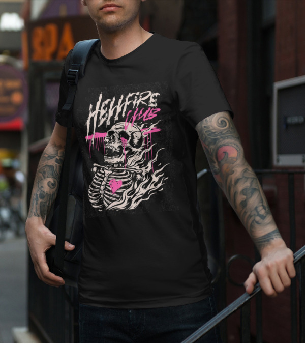 Hellfire Club Skeleton With Flames And Pink Heart Accents T-Shirt
