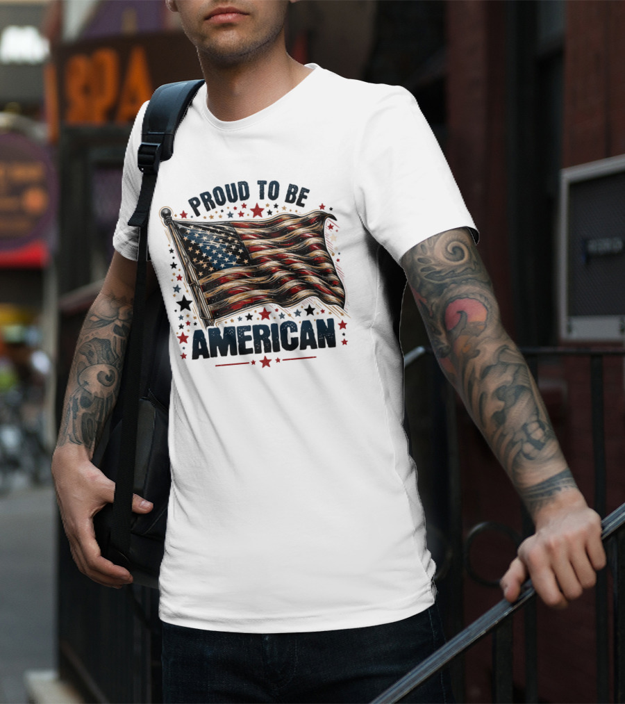 Proud To Be American Waving Stars And Stripes Surrounded By Red And Black Stars T-Shirt
