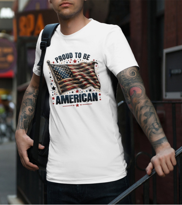 Proud To Be American Waving Stars And Stripes Surrounded By Red And Black Stars T-Shirt