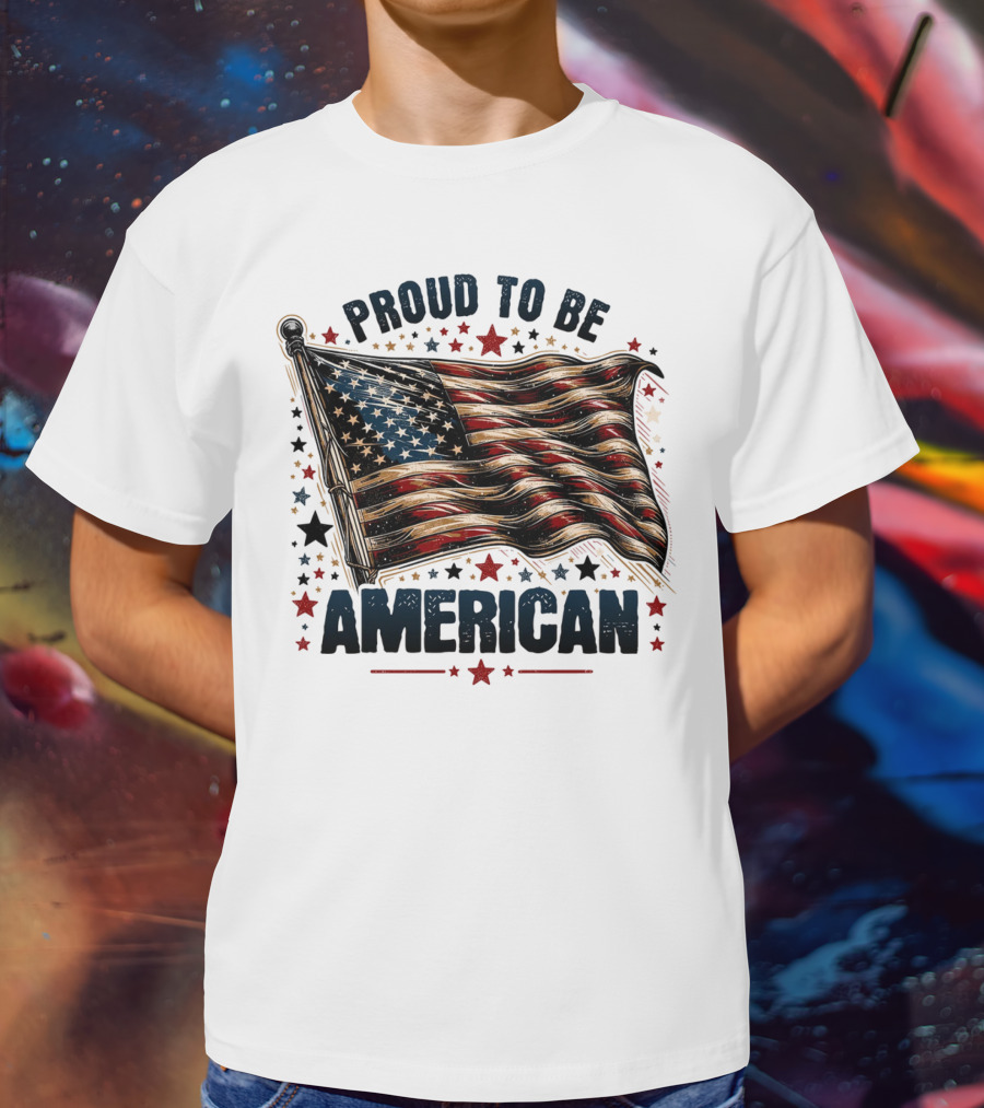 Proud To Be American Waving Stars And Stripes Surrounded By Red And Black Stars T-Shirt