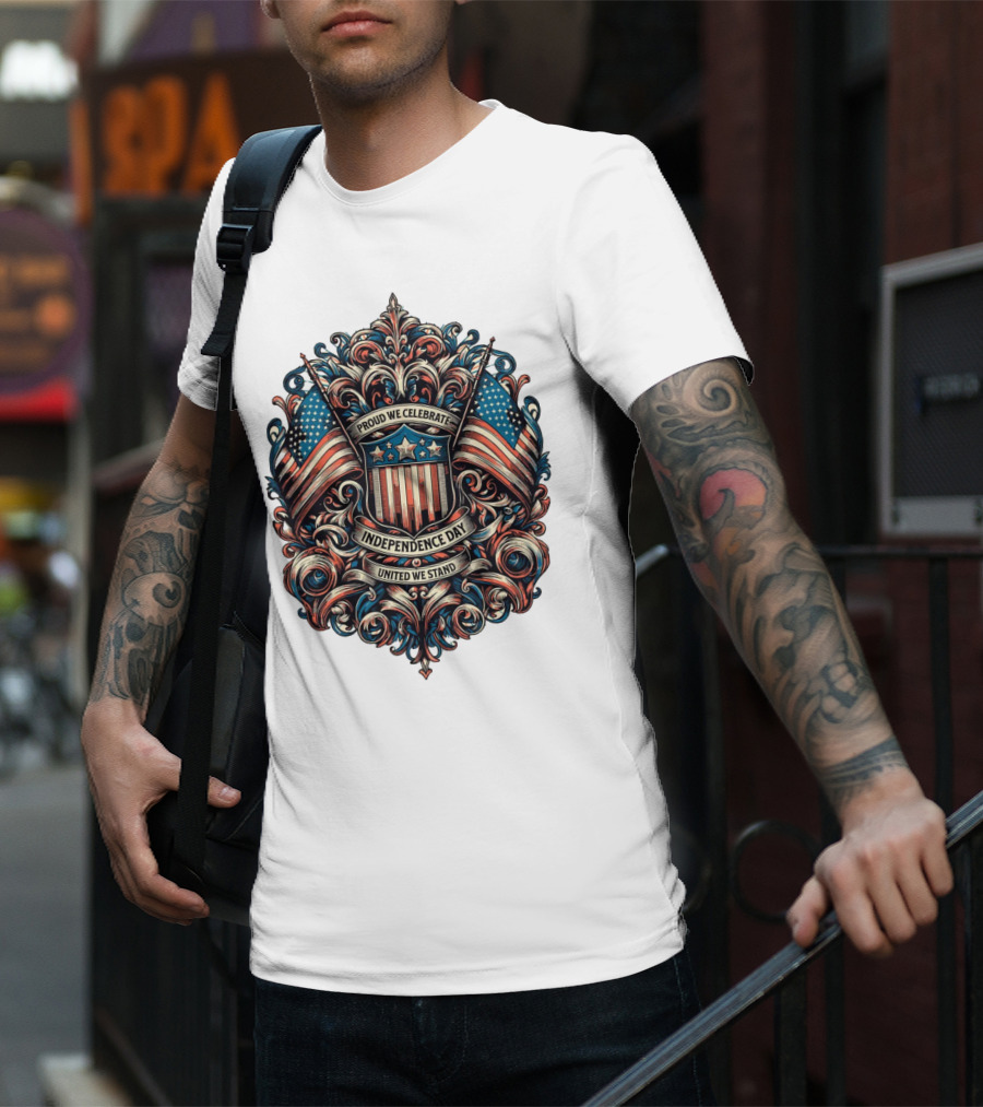 Proud We Celebrate Independence Day United We Stand American Flag Shield Ornamental T-Shirt