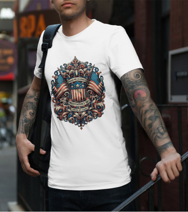 Proud We Celebrate Independence Day United We Stand American Flag Shield Ornamental T-Shirt