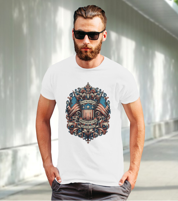 Proud We Celebrate Independence Day United We Stand American Flag Shield Ornamental T-Shirt