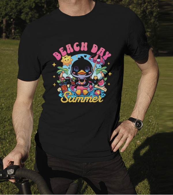 Beach Day Summer Happy Times Good Sunshine Duck In Pool With Palm Trees And Watermelon T-Shirt