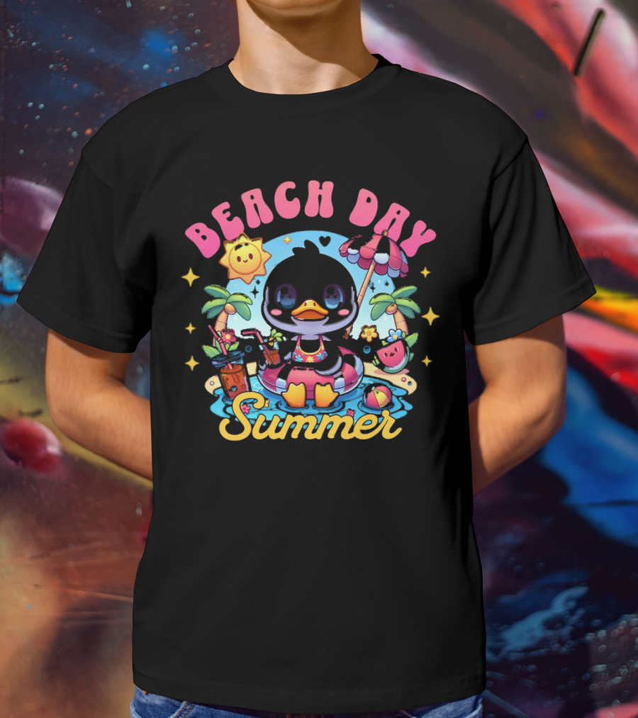 Beach Day Summer Happy Times Good Sunshine Duck In Pool With Palm Trees And Watermelon T-Shirt