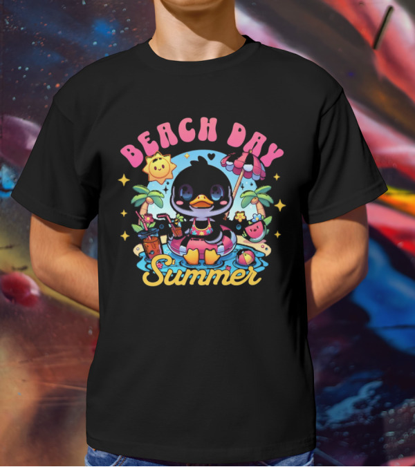 Beach Day Summer Happy Times Good Sunshine Duck In Pool With Palm Trees And Watermelon T-Shirt