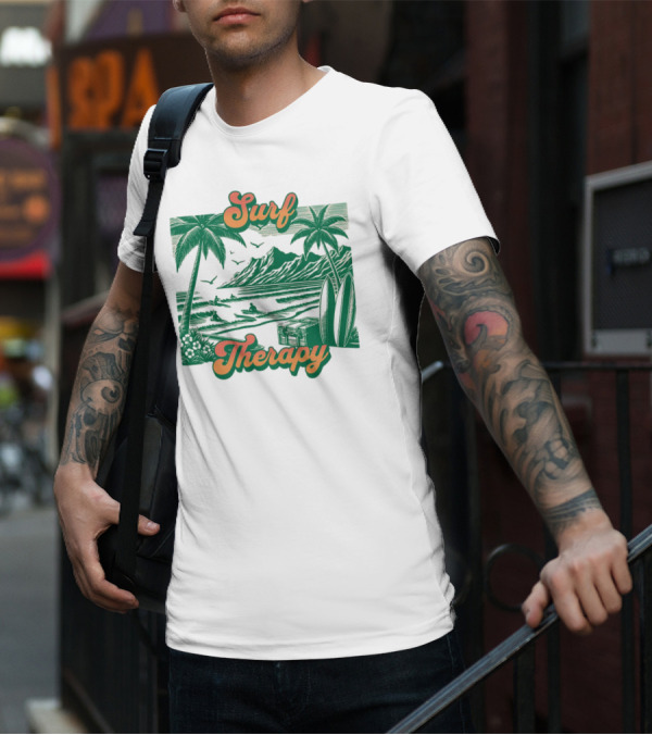 Surf Therapy Tropical Beach Scene With Palm Trees And Surfboards T-Shirt