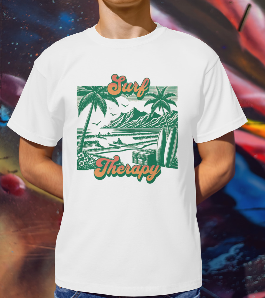 Surf Therapy Tropical Beach Scene With Palm Trees And Surfboards T-Shirt