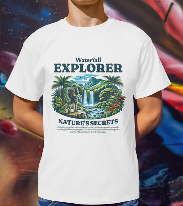 Waterfall Explorer Nature's Secrets Discover Mysteries Towering Heights Breathtaking Views T-Shirt