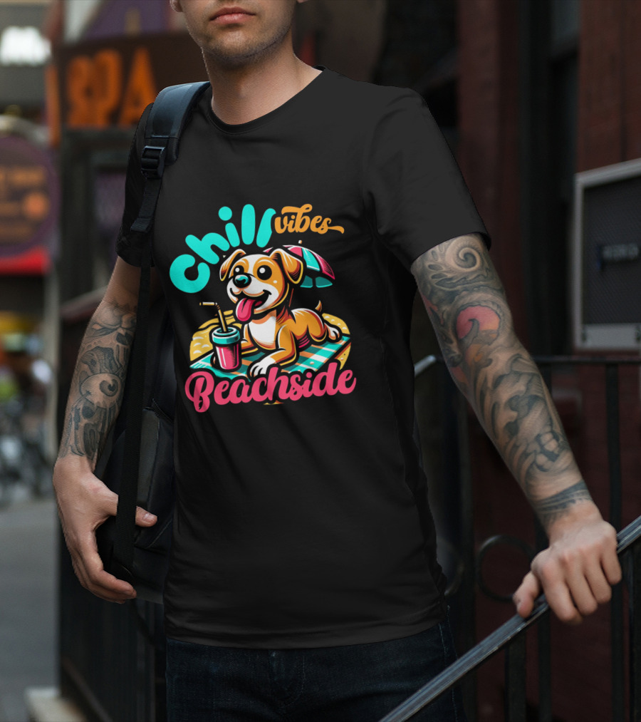 Chill Vibes Beachside Relaxing Dog With Umbrella And Drink T-Shirt