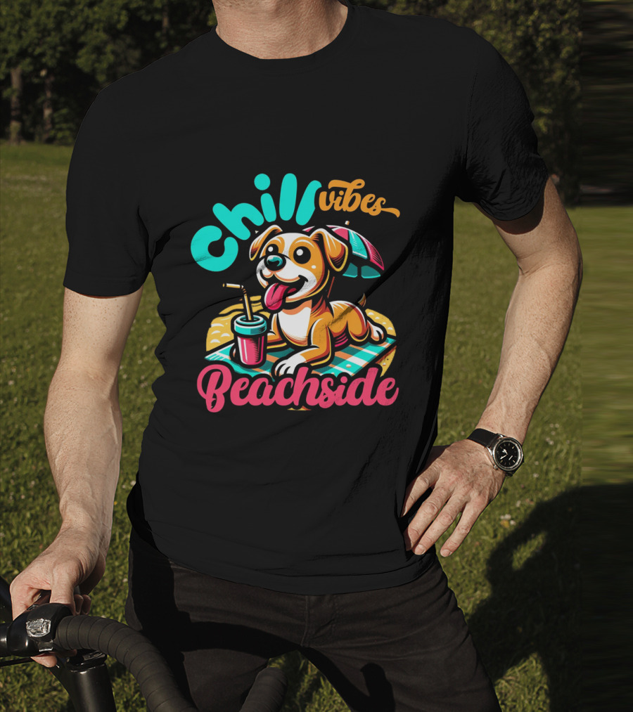 Chill Vibes Beachside Relaxing Dog With Umbrella And Drink T-Shirt