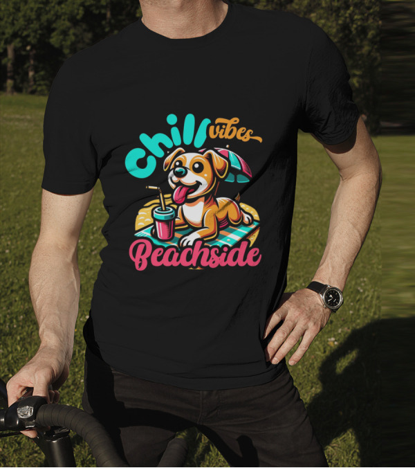 Chill Vibes Beachside Relaxing Dog With Umbrella And Drink T-Shirt