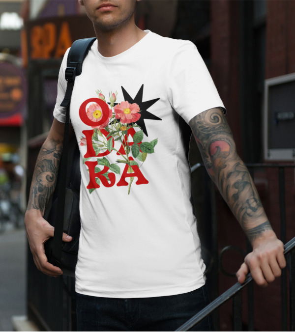 ODARA Bold Floral Art With Red Letters And Pink Flowers T-Shirt