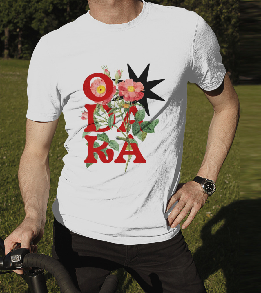 ODARA Bold Floral Art With Red Letters And Pink Flowers T-Shirt