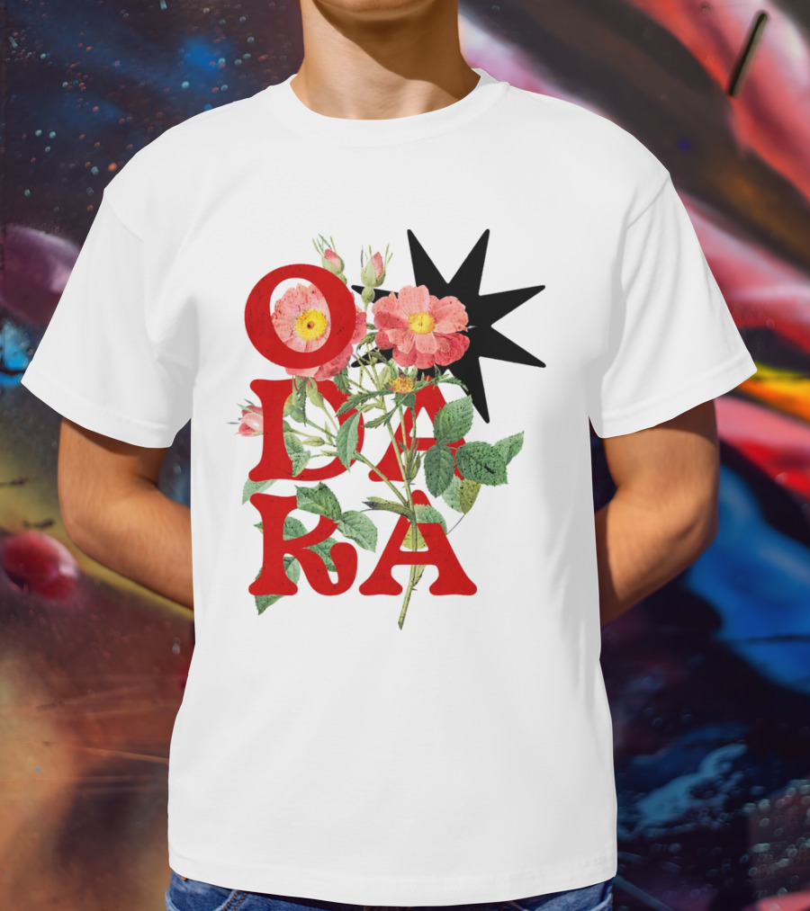 ODARA Bold Floral Art With Red Letters And Pink Flowers T-Shirt