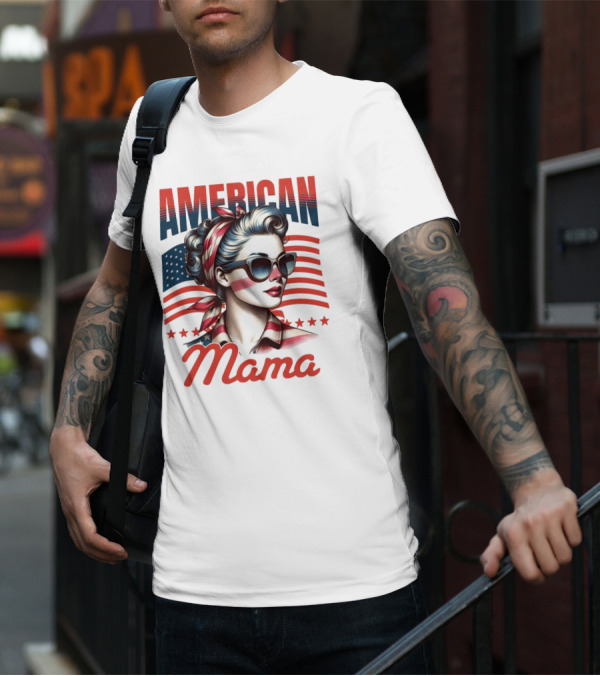 American Mama Vintage Patriotic Bandana Sunglasses Retro Flag Stars T-Shirt