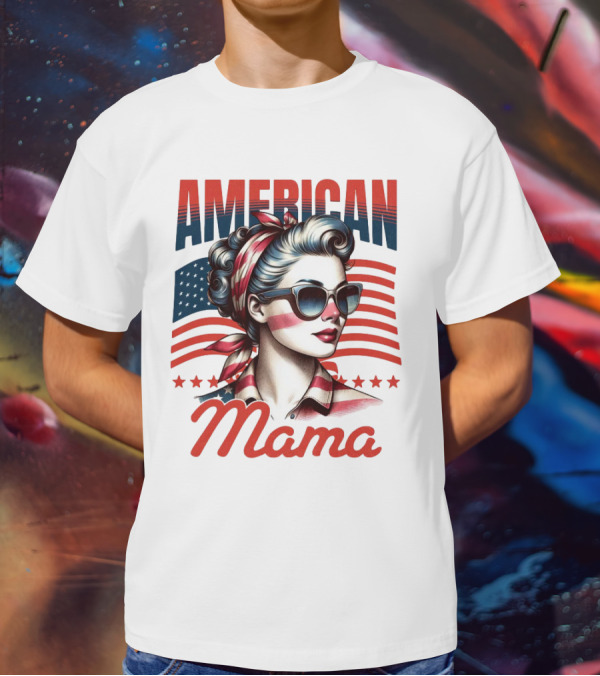American Mama Vintage Patriotic Bandana Sunglasses Retro Flag Stars T-Shirt