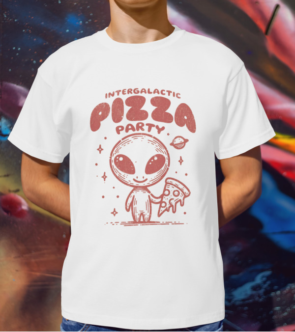 Intergalactic Pizza Party Alien Holding Pizza With Stars And Planet T-Shirt
