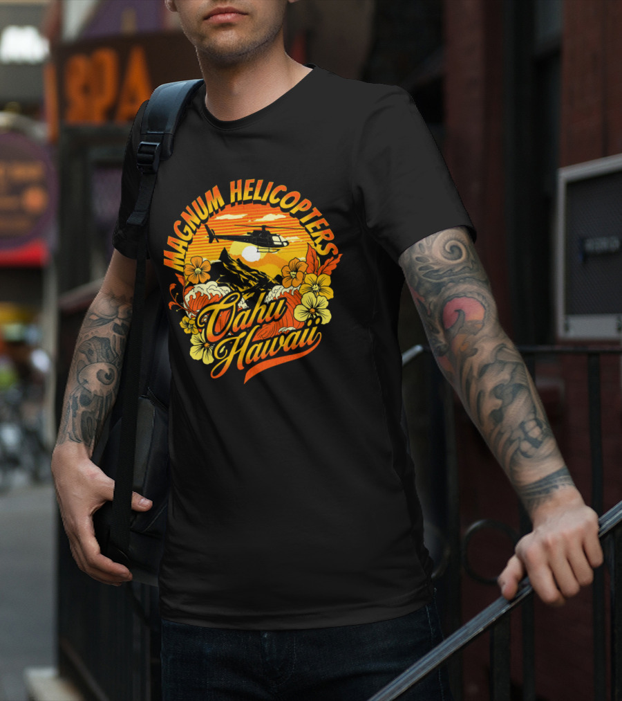 Magnum Helicopters Oahu Hawaii Helicopter Scenic Sunset Tropical Flowers T-Shirt