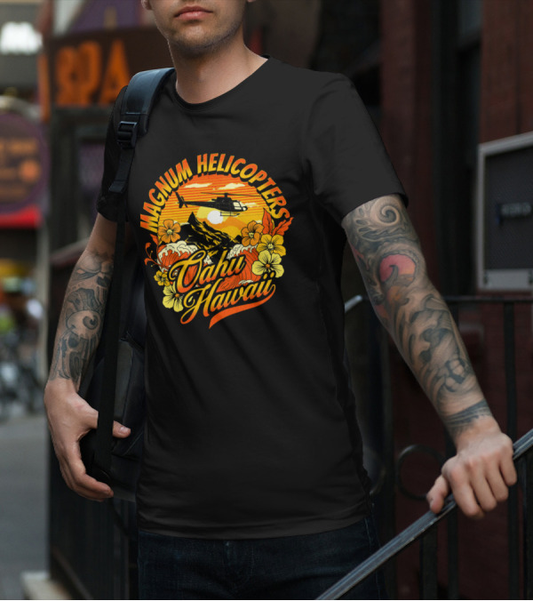 Magnum Helicopters Oahu Hawaii Helicopter Scenic Sunset Tropical Flowers T-Shirt