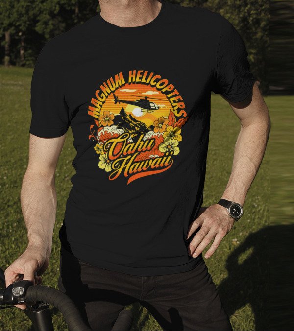 Magnum Helicopters Oahu Hawaii Helicopter Scenic Sunset Tropical Flowers T-Shirt